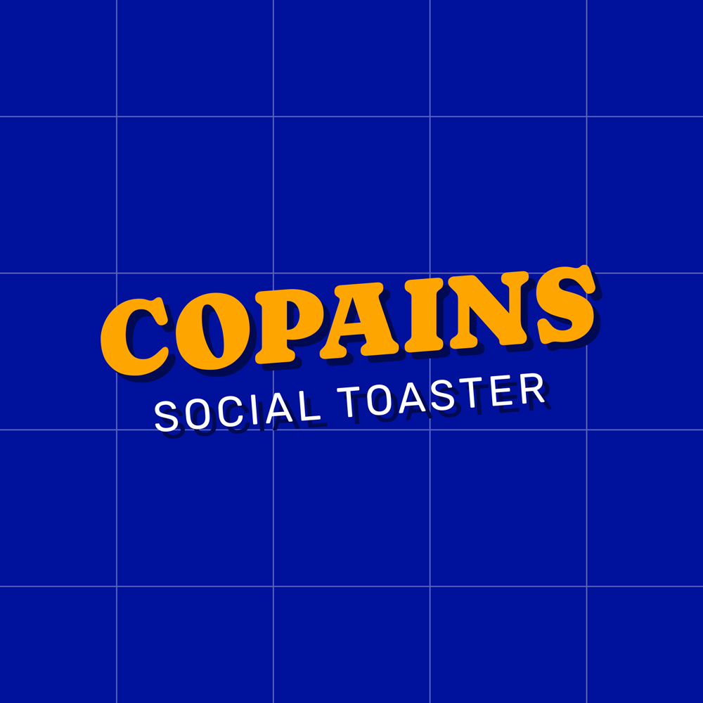 Logo COPAINS - Social Toaster sur fonds bleu avec pattern de plusieurs carrés - Version totalement bleu