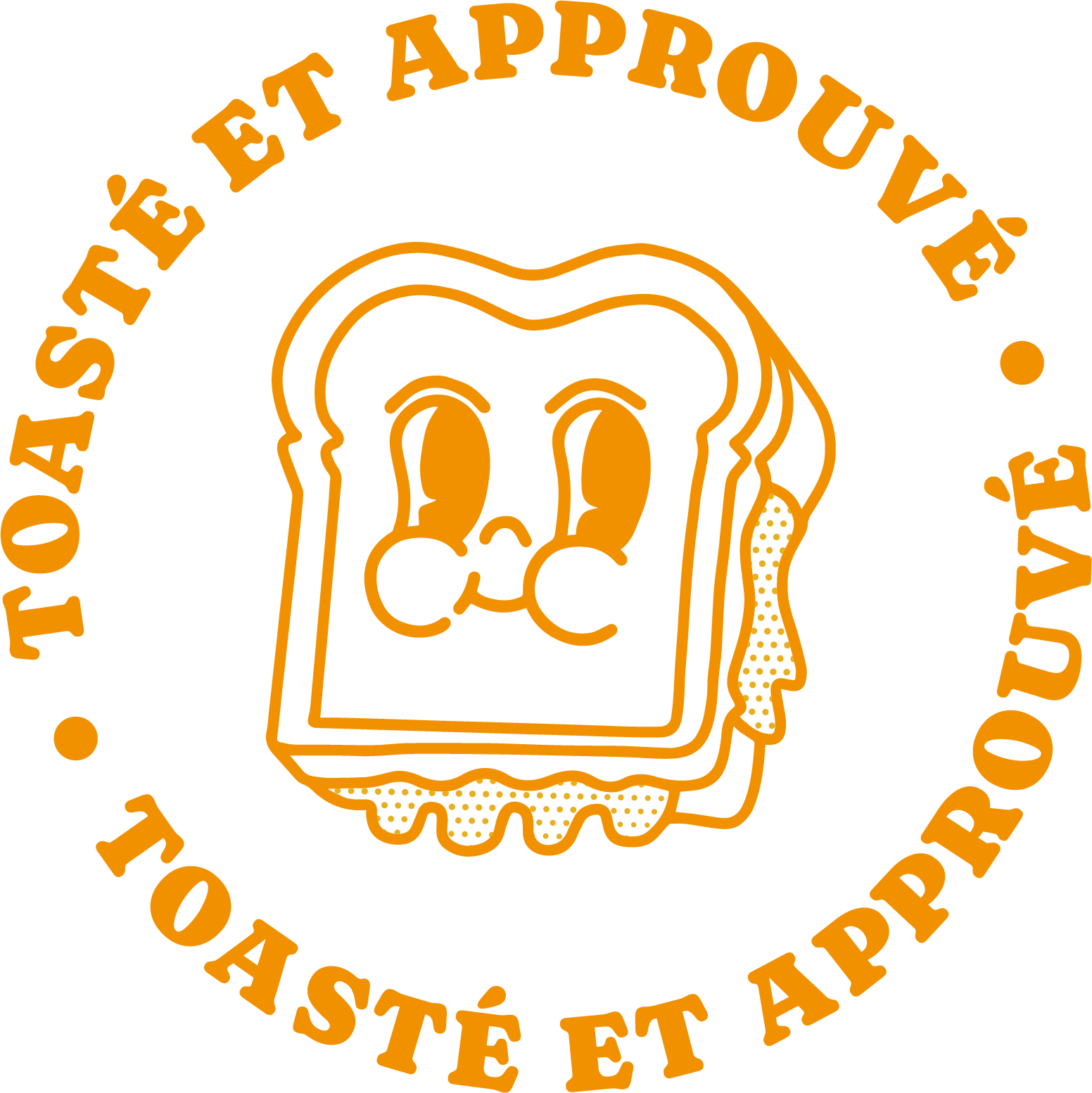Stamp avec au milieu une représenation d'un grilled cheese facon cartoon et autour noté Toasté et approuvé