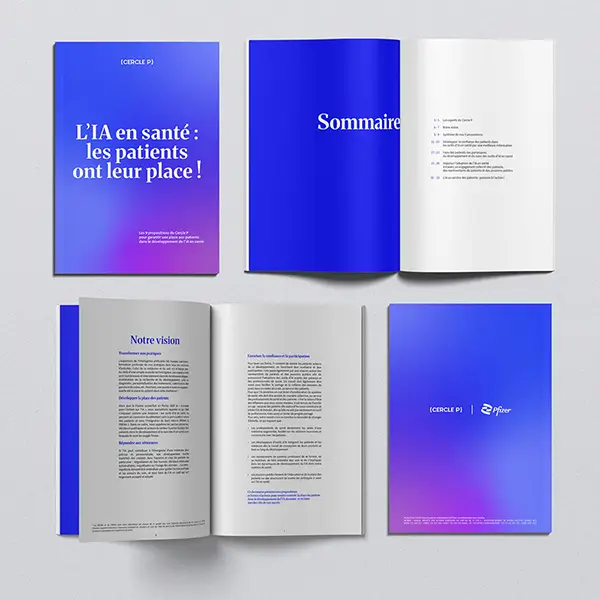 Mise en page d’un rapport sur l’intelligence artificielle en santé pour Le Cercle P et Pfizer, avec couverture et pages intérieures